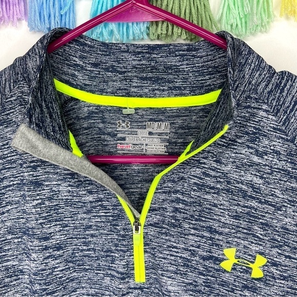 Under Armour Cold Gear Gray Navy Lime Chartreuse Long Sleeve Athletic Top Medium - Picture 5 of 13